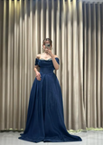 Niulatu Off-Shoulder A-Line Long Prom Dresses Satin Navy Blue Evening Dresses HZ1026