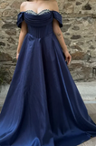 Niulatu Off-Shoulder A-Line Long Prom Dresses Satin Navy Blue Evening Dresses HZ1026
