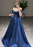 Niulatu Off-Shoulder A-Line Long Prom Dresses Satin Navy Blue Evening Dresses HZ1026