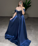 Niulatu Off-Shoulder A-Line Long Prom Dresses Satin Navy Blue Evening Dresses HZ1026