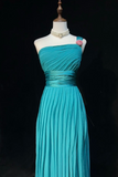 Niulatu One-Shoulder Sheath Pleated Long Prom Dresses Chiffon Turquoise Evening Dresses HZ1026