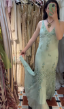 Niulatu V-neck Mermaid Long Prom Dresses Beaded Chiffon Soft Green Evening Dresses HZ1026