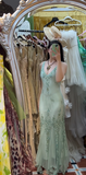 Niulatu V-neck Mermaid Long Prom Dresses Beaded Chiffon Soft Green Evening Dresses HZ1026