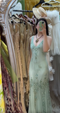 Niulatu V-neck Mermaid Long Prom Dresses Beaded Chiffon Soft Green Evening Dresses HZ1026