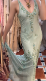 Niulatu V-neck Mermaid Long Prom Dresses Beaded Chiffon Soft Green Evening Dresses HZ1026