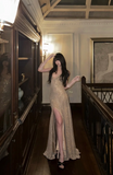 Niulatu Spaghetti Strap Sheath Long Prom Dresses with Slits Gold Backless Evening Dresses HZ1026