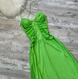 Niulatu Spaghetti Strap A-Line Long Prom Dresses Chiffon Green Formal Dresses HZ1026