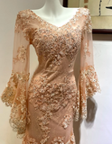Niulatu V-neck Memaid Long Prom Dresses Long Sleeve Chiffon Applique Champagne Evening Dresses HZ1026