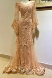 Niulatu V-neck Memaid Long Prom Dresses Long Sleeve Chiffon Applique Champagne Evening Dresses HZ1026
