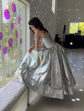 Niulatu Strapless Ball Gown Silver Long Prom Dresses Silver Formal Dresses HZ1026