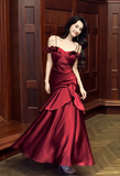 Niulatu Spaghetti Strap Sheath Long Prom Dresses Satin Ruffle Burgundy Formal Dresses HZ1026