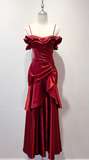 Niulatu Spaghetti Strap Sheath Long Prom Dresses Satin Ruffle Burgundy Formal Dresses HZ1026