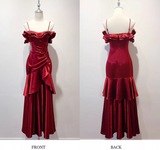 Niulatu Spaghetti Strap Sheath Long Prom Dresses Satin Ruffle Burgundy Formal Dresses HZ1026
