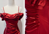 Niulatu Spaghetti Strap Sheath Long Prom Dresses Satin Ruffle Burgundy Formal Dresses HZ1026