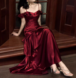 Niulatu Spaghetti Strap Sheath Long Prom Dresses Satin Ruffle Burgundy Formal Dresses HZ1026
