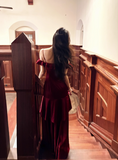 Niulatu Spaghetti Strap Sheath Long Prom Dresses Satin Ruffle Burgundy Formal Dresses HZ1026