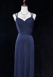 Niulatu V-neck Sheath Long Prom Dresses Vintage Navy Blue Open Back Formal Dresses HZ1026