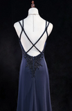 Niulatu V-neck Sheath Long Prom Dresses Vintage Navy Blue Open Back Formal Dresses HZ1026
