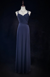 Niulatu V-neck Sheath Long Prom Dresses Vintage Navy Blue Open Back Formal Dresses HZ1026