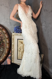 Niulatu V-neck Sheath Long Prom Dresses Lace Beading White Formal Dresses HZ1026
