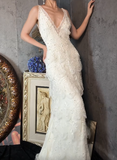 Niulatu V-neck Sheath Long Prom Dresses Lace Beading White Formal Dresses HZ1026