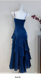 Niulatu Spaghetti Strap Sheath Blue Long Prom Dresses with Ruffles, Satin Blue Formal Dresses HZ1026