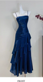 Niulatu Spaghetti Strap Sheath Blue Long Prom Dresses with Ruffles, Satin Blue Formal Dresses HZ1026