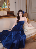 Niulatu Spaghetti Strap Sheath Blue Long Prom Dresses with Ruffles, Satin Blue Formal Dresses HZ1026