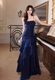 Niulatu Spaghetti Strap Sheath Blue Long Prom Dresses with Ruffles, Satin Blue Formal Dresses HZ1026