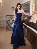 Niulatu Spaghetti Strap Sheath Blue Long Prom Dresses with Ruffles, Satin Blue Formal Dresses HZ1026