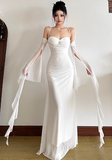 Niulatu Bodycon Spaghetti Strap White Long Prom Dresses, Chiffon White Formal Dresses HZ1026