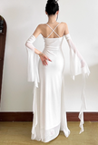 Niulatu Bodycon Spaghetti Strap White Long Prom Dresses, Chiffon White Formal Dresses HZ1026