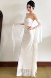 Niulatu Bodycon Spaghetti Strap White Long Prom Dresses, Chiffon White Formal Dresses HZ1026