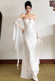 Niulatu Bodycon Spaghetti Strap White Long Prom Dresses, Chiffon White Formal Dresses HZ1026
