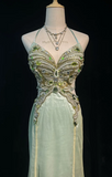 Niulatu Mermaid V-neck Light Green Long Prom Dresses Chiffon Beaded Evening Gowns Light Green Formal Dresses HZ1026