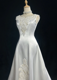 Niulatu Jewel A-Line Long Wedding Dresses, Satin Beaded Applique Bridal Dresses White Bridal Gowns HZ1026