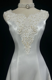 Niulatu Jewel A-Line Long Wedding Dresses, Satin Beaded Applique Bridal Dresses White Bridal Gowns HZ1026