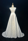 Niulatu Jewel A-Line Long Wedding Dresses, Satin Beaded Applique Bridal Dresses White Bridal Gowns HZ1026