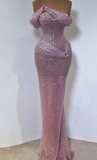 Niulatu Off-Shoulder Sheath Pink Long Prom Dresses, Beaded Slit Evening Dresses, Pink Formal Dresses HZ1026
