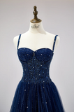 Niulatu Spaghetti Strap A-Line Dark Blue Long Prom Dresses Dark Blue Formal Dresses Tulle Sequin Birthday Evening Dresses HZ1026
