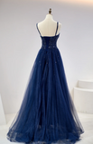 Niulatu Spaghetti Strap A-Line Dark Blue Long Prom Dresses Dark Blue Formal Dresses Tulle Sequin Birthday Evening Dresses HZ1026