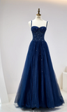 Niulatu Spaghetti Strap A-Line Dark Blue Long Prom Dresses Dark Blue Formal Dresses Tulle Sequin Birthday Evening Dresses HZ1026