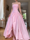 Niulatu Spaghetti Strap A-Line Pink Long Prom Dresses with Slit Satin Pink Formal Dresses HZ1026