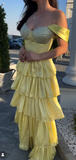 Niulatu Sheath Long Prom Dresses Tiered Satin Yellow Formal Dresses Off-the-shoulder Party Dresses HZ1026