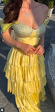 Niulatu Sheath Long Prom Dresses Tiered Satin Yellow Formal Dresses Off-the-shoulder Party Dresses HZ1026