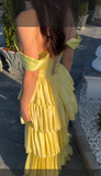 Niulatu Sheath Long Prom Dresses Tiered Satin Yellow Formal Dresses Off-the-shoulder Party Dresses HZ1026