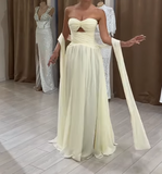 Niulatu Sweetheart Neck Sheath Pale Yellow Wedding Guest Dresses Chiffon Pale Yellow Evening Gowns HZ1026