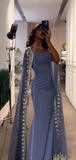 Niulatu Bodycon Wedding Guest Dresses Satin Long Sleeve Grey Blue Evening Gowns HZ1026
