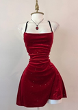 Niulatu Halter Sheath Short Prom Dresses Sleeveless Velvet Burgundy Birthday Dresses Christmas Dresses HZ1026