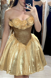 Niulatu Strapless A-line Short Prom Dresses Tulle Gold Homecoming Dresses HZ1026